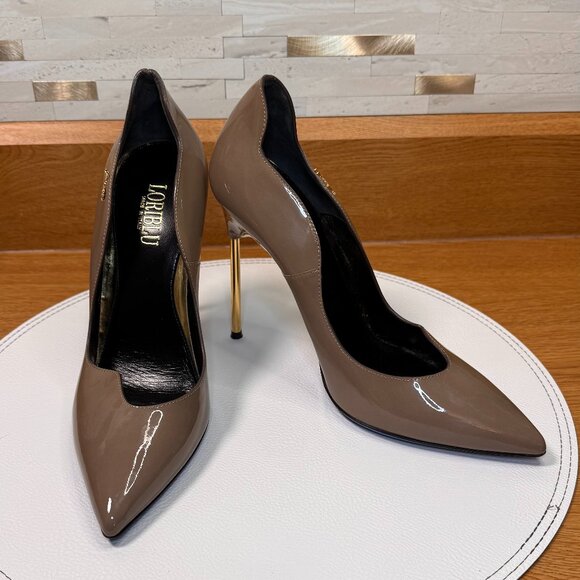 Loriblu Gold Metal Heel, Taupe Patent Leather Pumps Size 39 (8.5) - Picture 2 of 8
